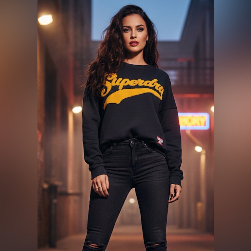 Superdry Men's Black Sweater with Yellow Fuzzy Logo